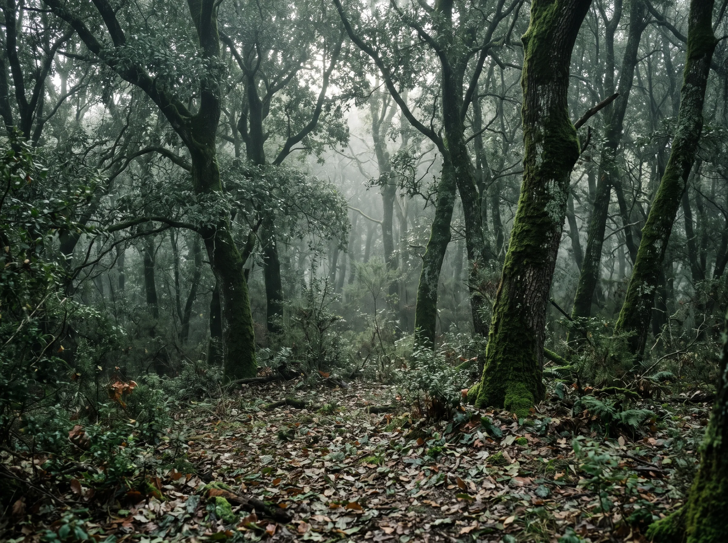 Bosco di lecci e querce con foschia mattutina